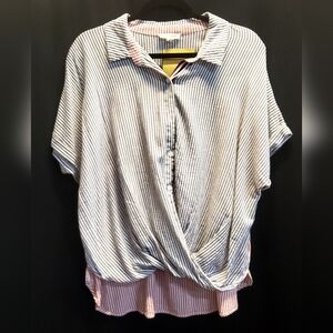 Mystree - Navy/Red Stripe s/s button down blouse with crisscross bottom front.